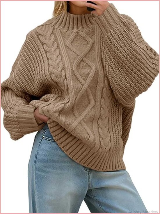 Sweaters - Oversized Cable Knit Turtleneck Pullover Sweater Chunky Button